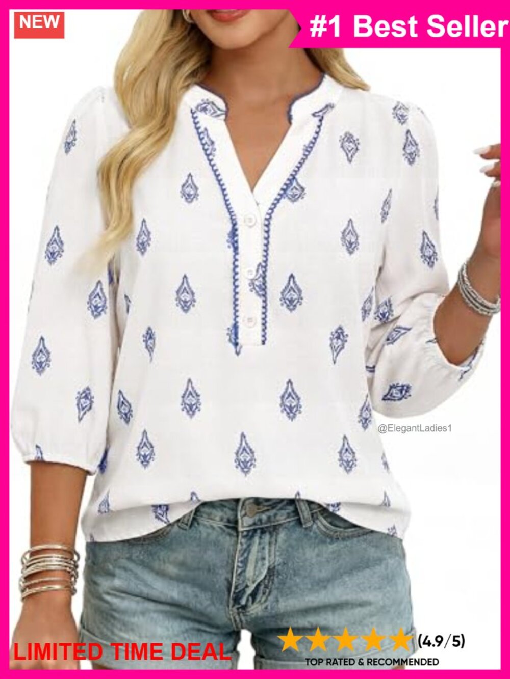 Boho Floral V Neck 3/4 Sleeve Peasant Blouse Button Up Tunic Top